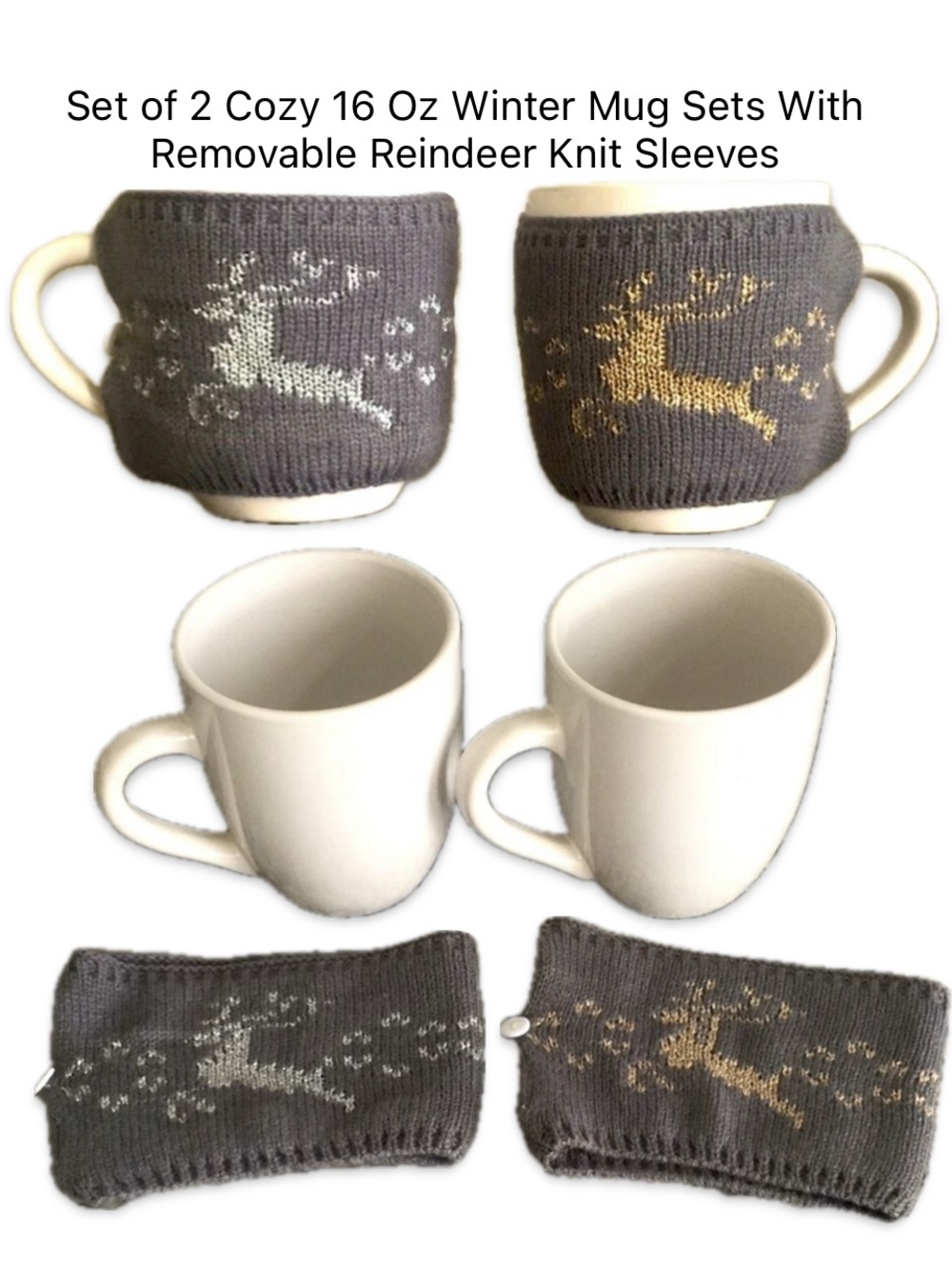 Set of 2 Cozy 16 Oz Winter Mug Sets With Removable Reindeer Knit Sleeves - NEW!